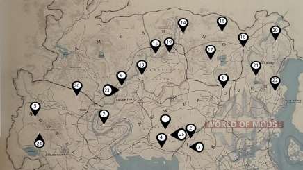 Carte des emplacements des os de dinosaures dans RDR 2