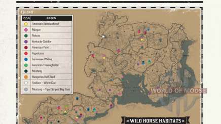 Carte des chevaux sauvages dans RDR 2